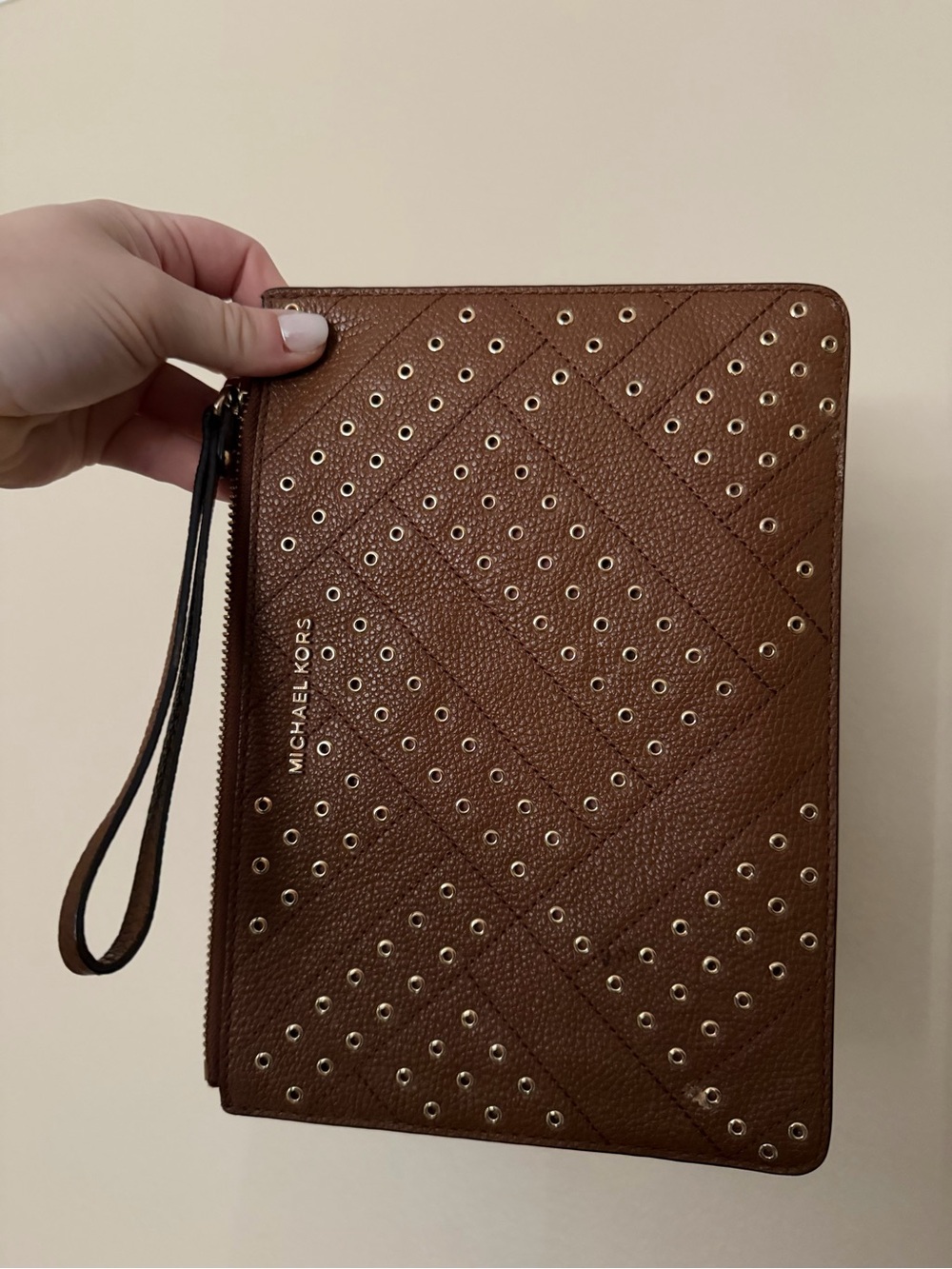Michael Kors Cognac Leather Grommet Wristlet Clutch